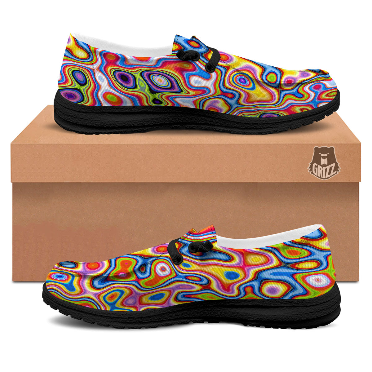 Trippy Rainbow Psychedelic Print Black Loafers-grizzshop