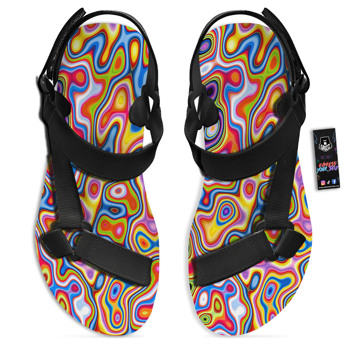 Trippy Rainbow Psychedelic Print Black Open Toe Sandals-grizzshop