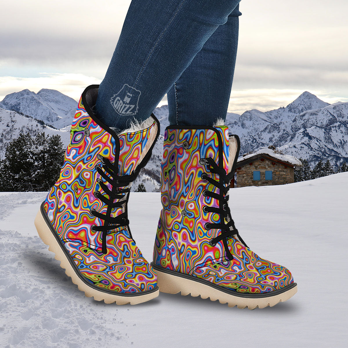 Trippy Rainbow Psychedelic Print Snow Boots-grizzshop