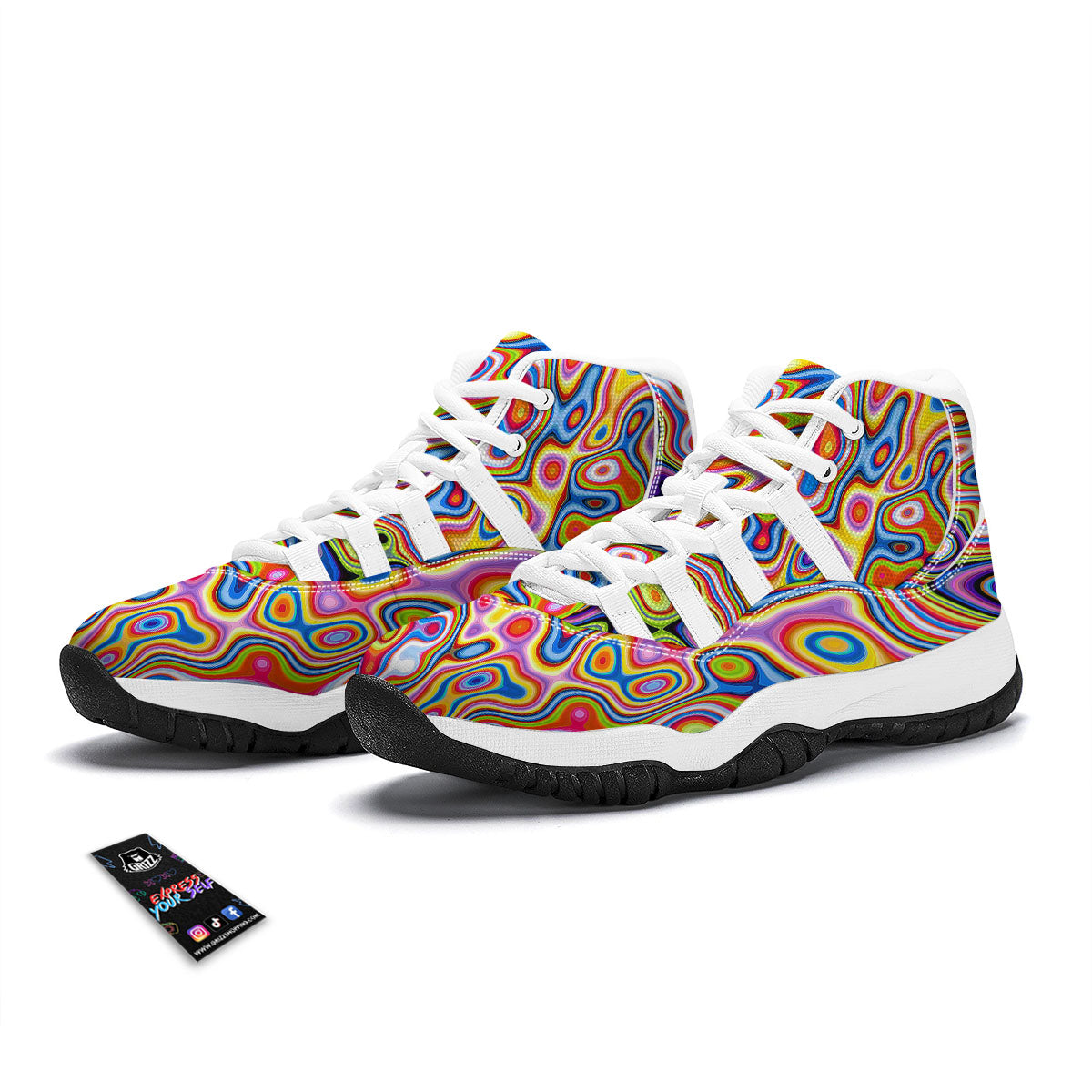 Trippy Rainbow Psychedelic Print White Bball Shoes-grizzshop