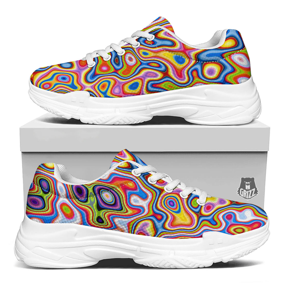 Trippy Rainbow Psychedelic Print White Chunky Shoes-grizzshop