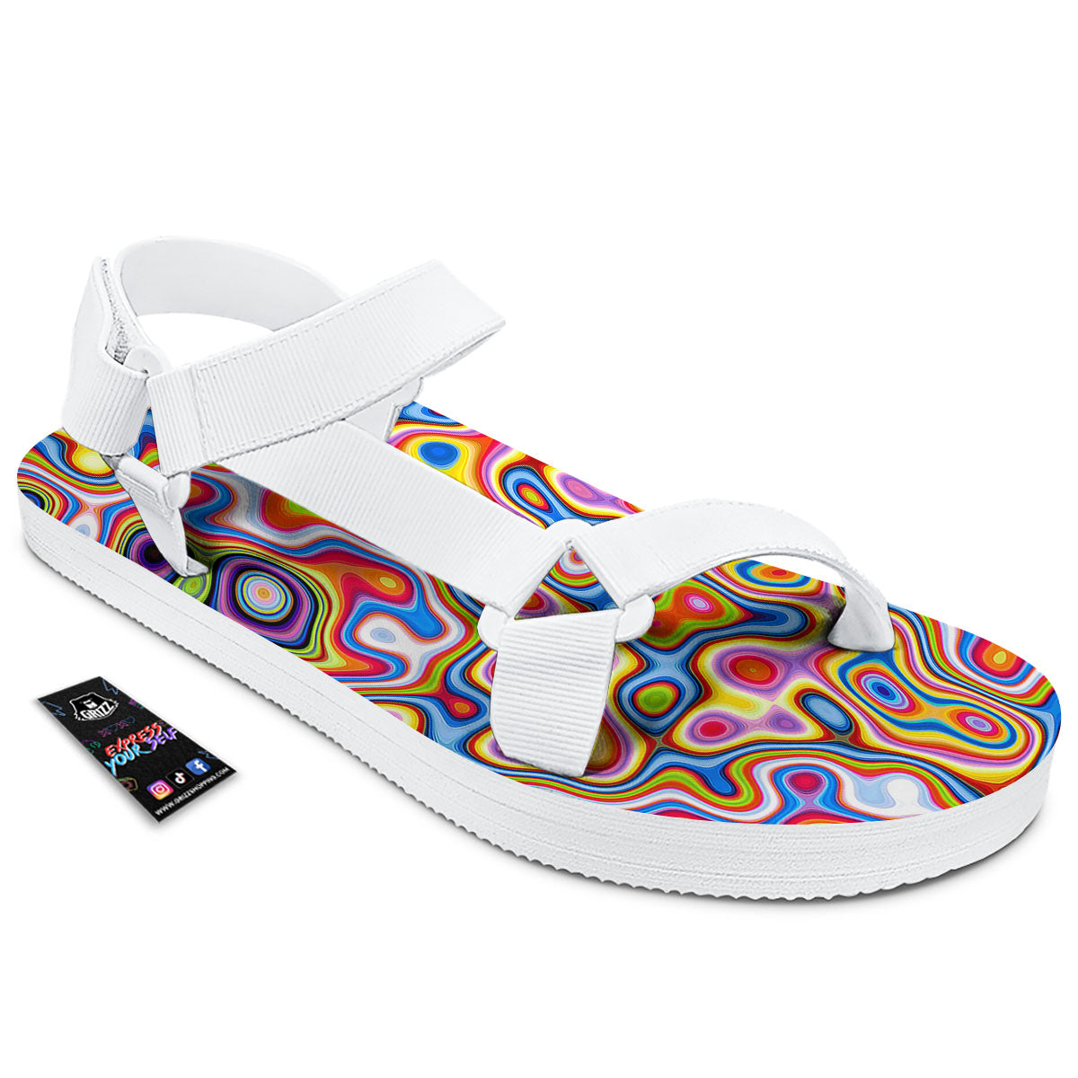 Trippy Rainbow Psychedelic Print White Open Toe Sandals-grizzshop