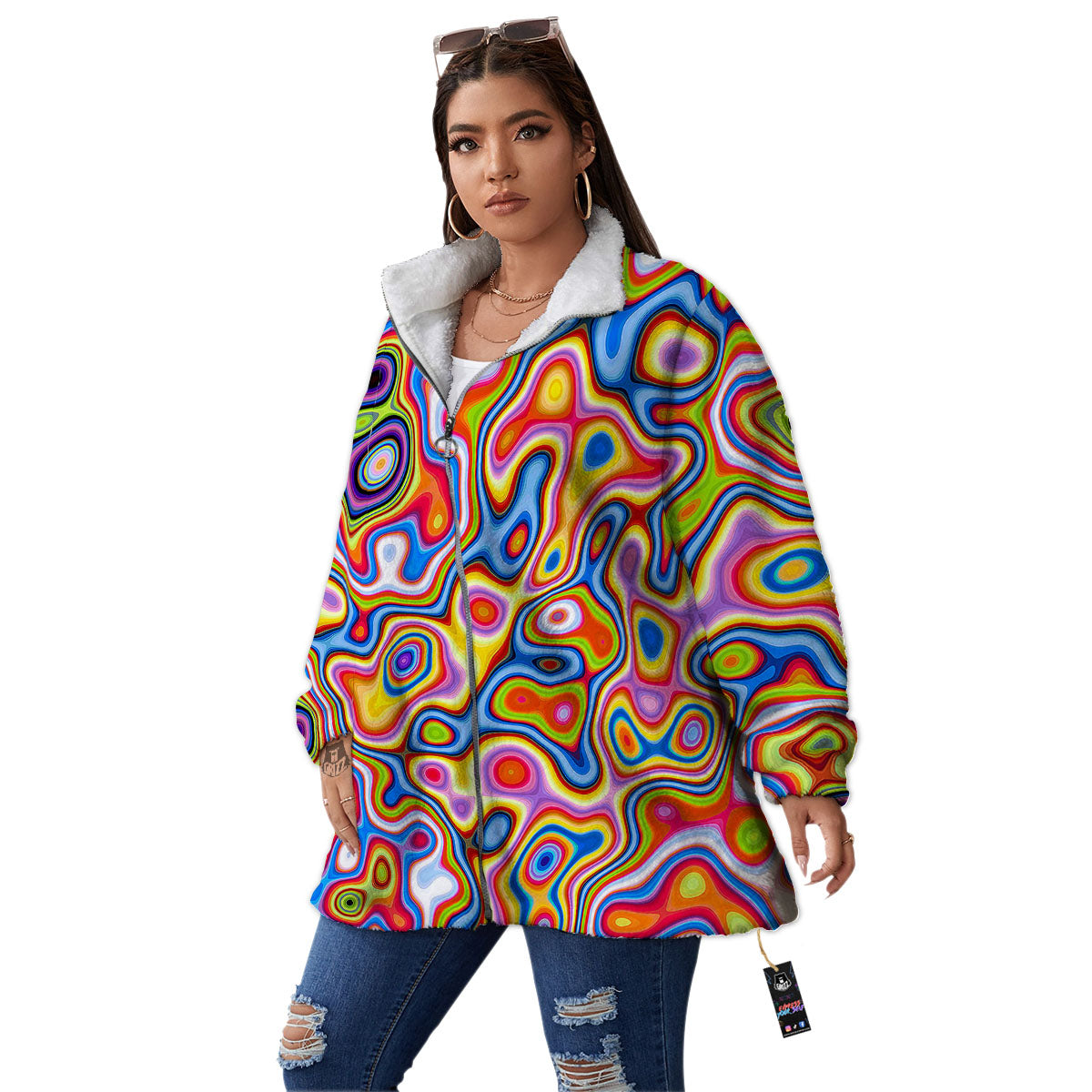 Trippy Rainbow Psychedelic Print Women's Sherpa Jacket-grizzshop