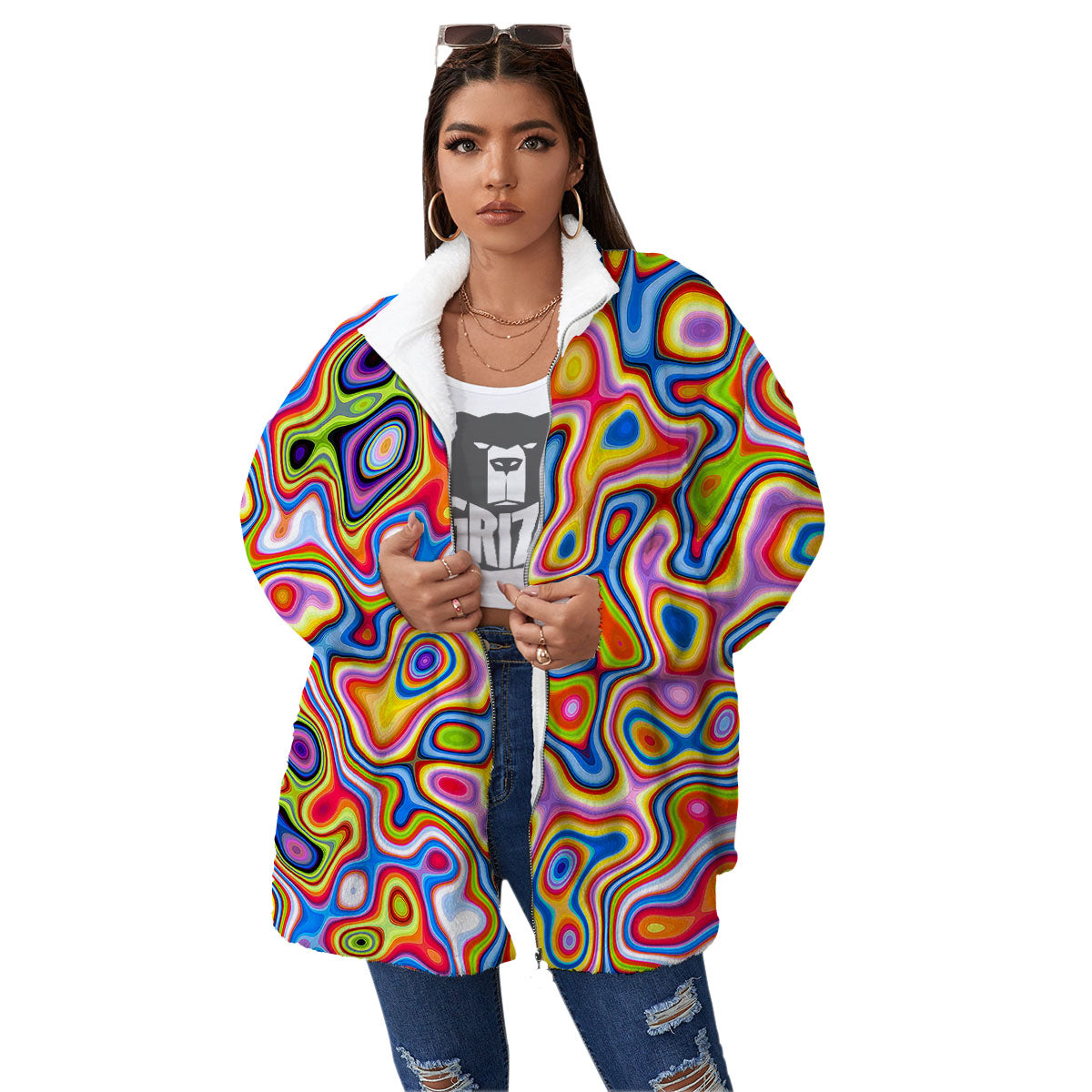 Trippy Rainbow Psychedelic Print Women's Sherpa Jacket-grizzshop