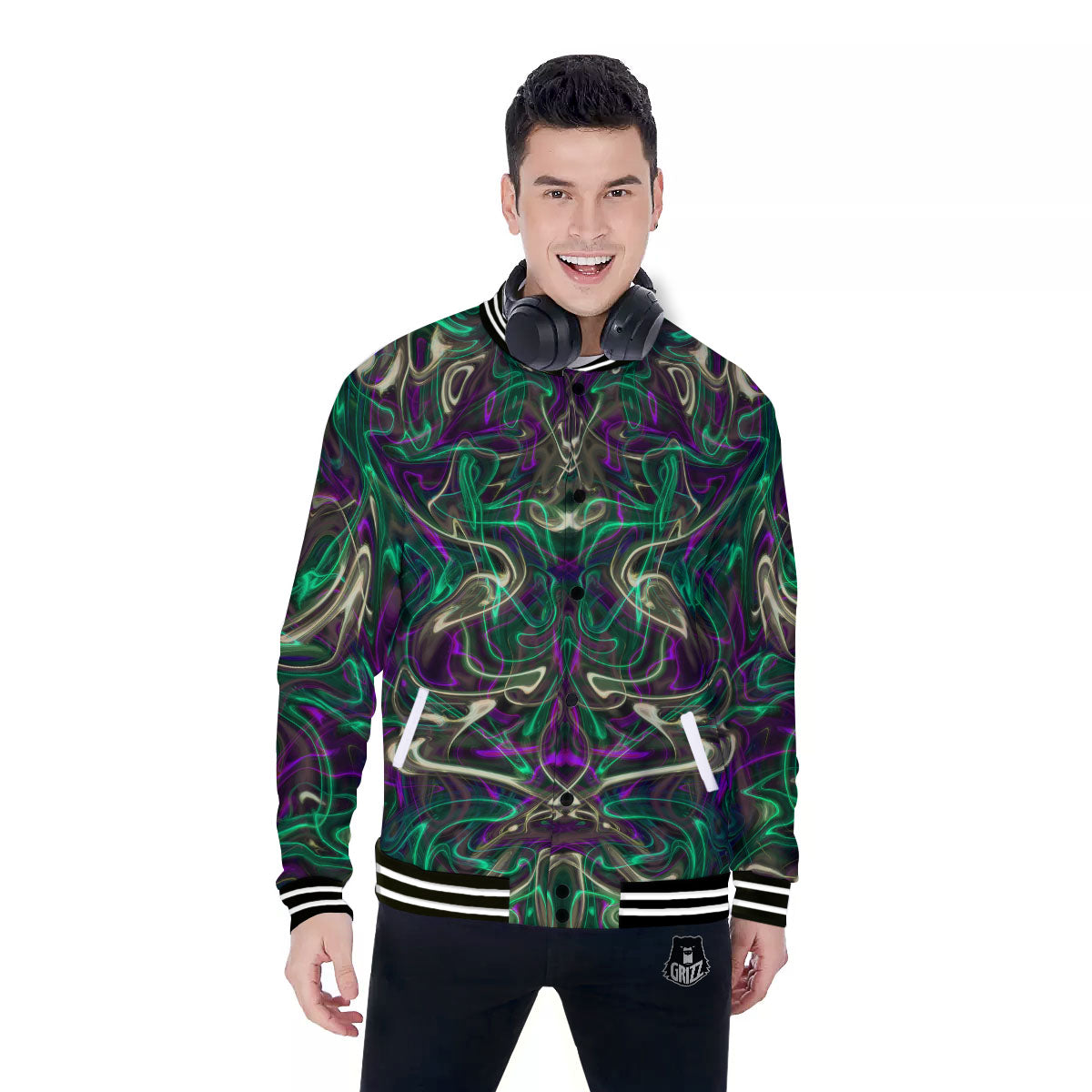 Trippy Smoke Psychedelic Print Baseball Jacket-grizzshop