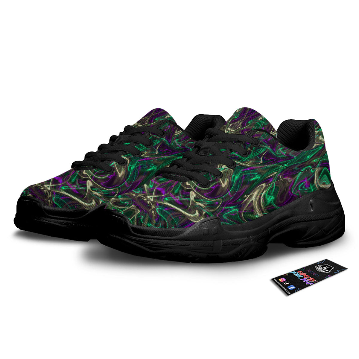 Trippy Smoke Psychedelic Print Black Chunky Shoes-grizzshop