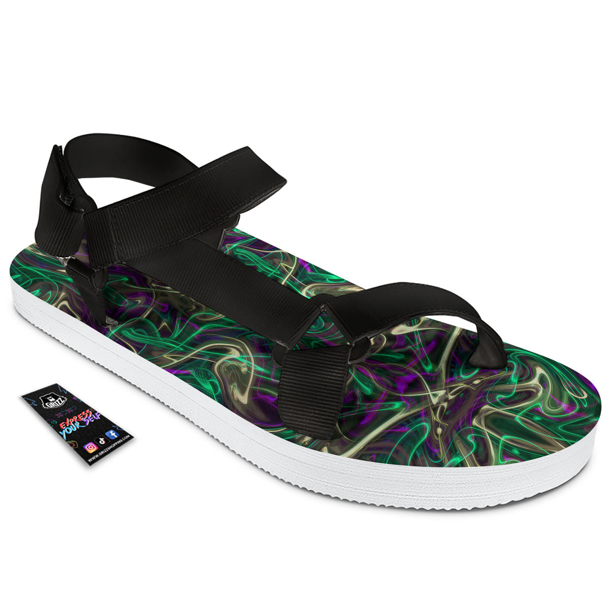 Trippy Smoke Psychedelic Print Black Open Toe Sandals-grizzshop