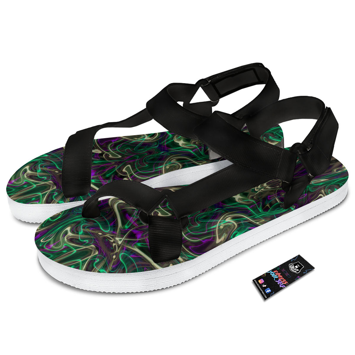 Trippy Smoke Psychedelic Print Black Open Toe Sandals-grizzshop