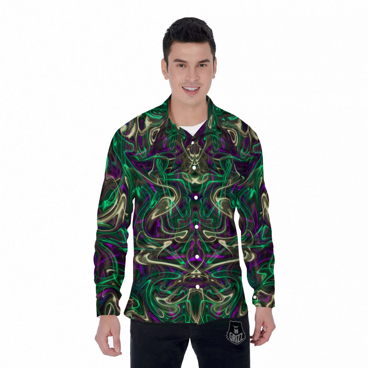 Trippy Smoke Psychedelic Print Men's Long Sleeve Shirts-grizzshop