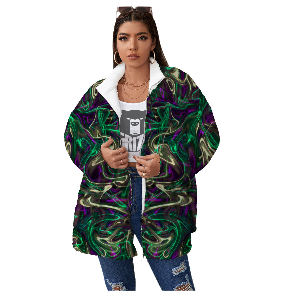 Trippy Smoke Psychedelic Print Women's Sherpa Jacket-grizzshop