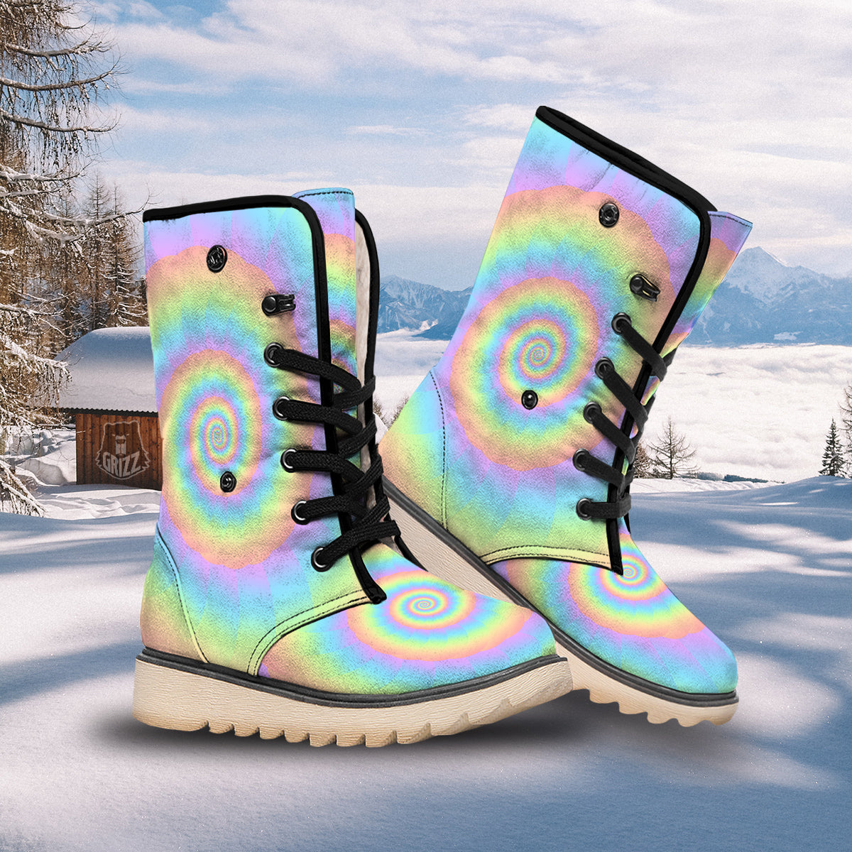 Trippy Spiral Colorful Print Snow Boots-grizzshop