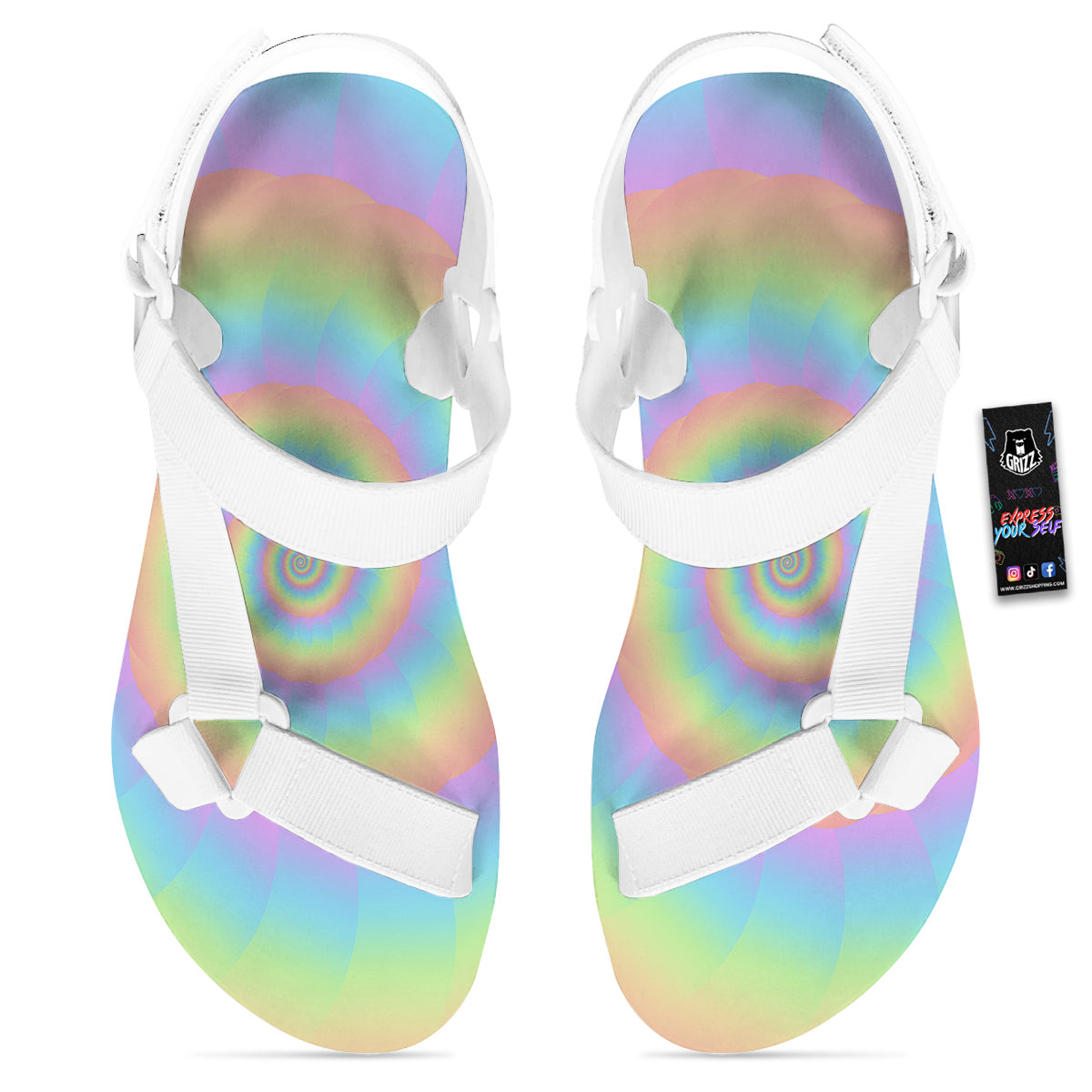 Trippy Spiral Colorful Print White Open Toe Sandals-grizzshop
