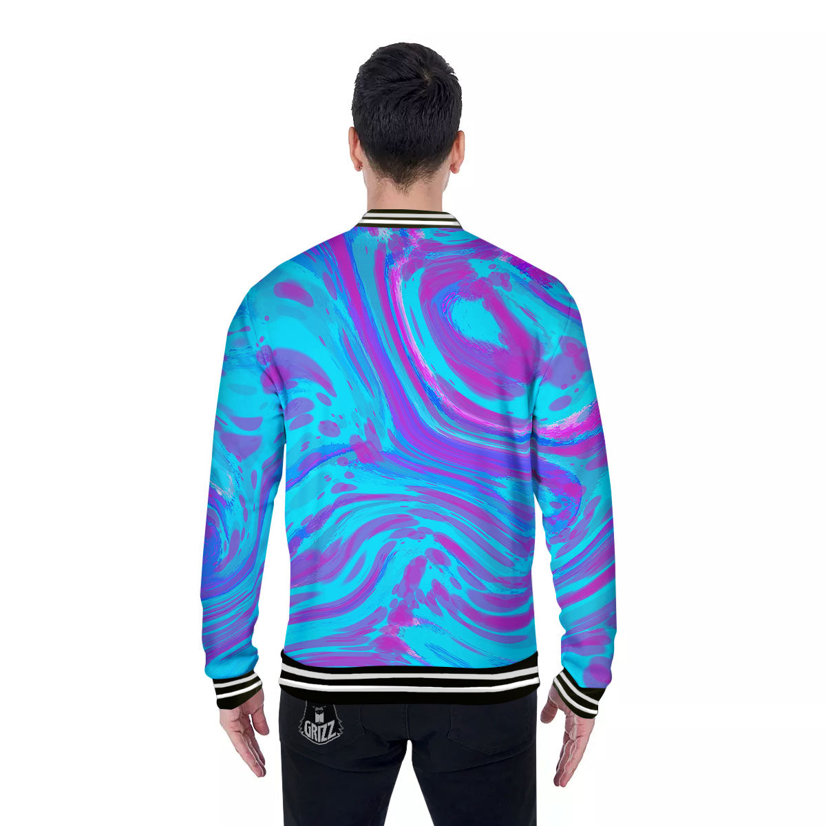 Trippy Turquoise Holographic Print Baseball Jacket-grizzshop