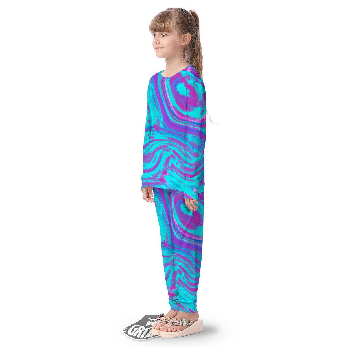Trippy Turquoise Holographic Print Kid's Pajamas-grizzshop