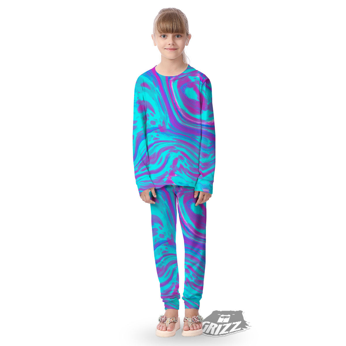 Trippy Turquoise Holographic Print Kid's Pajamas-grizzshop