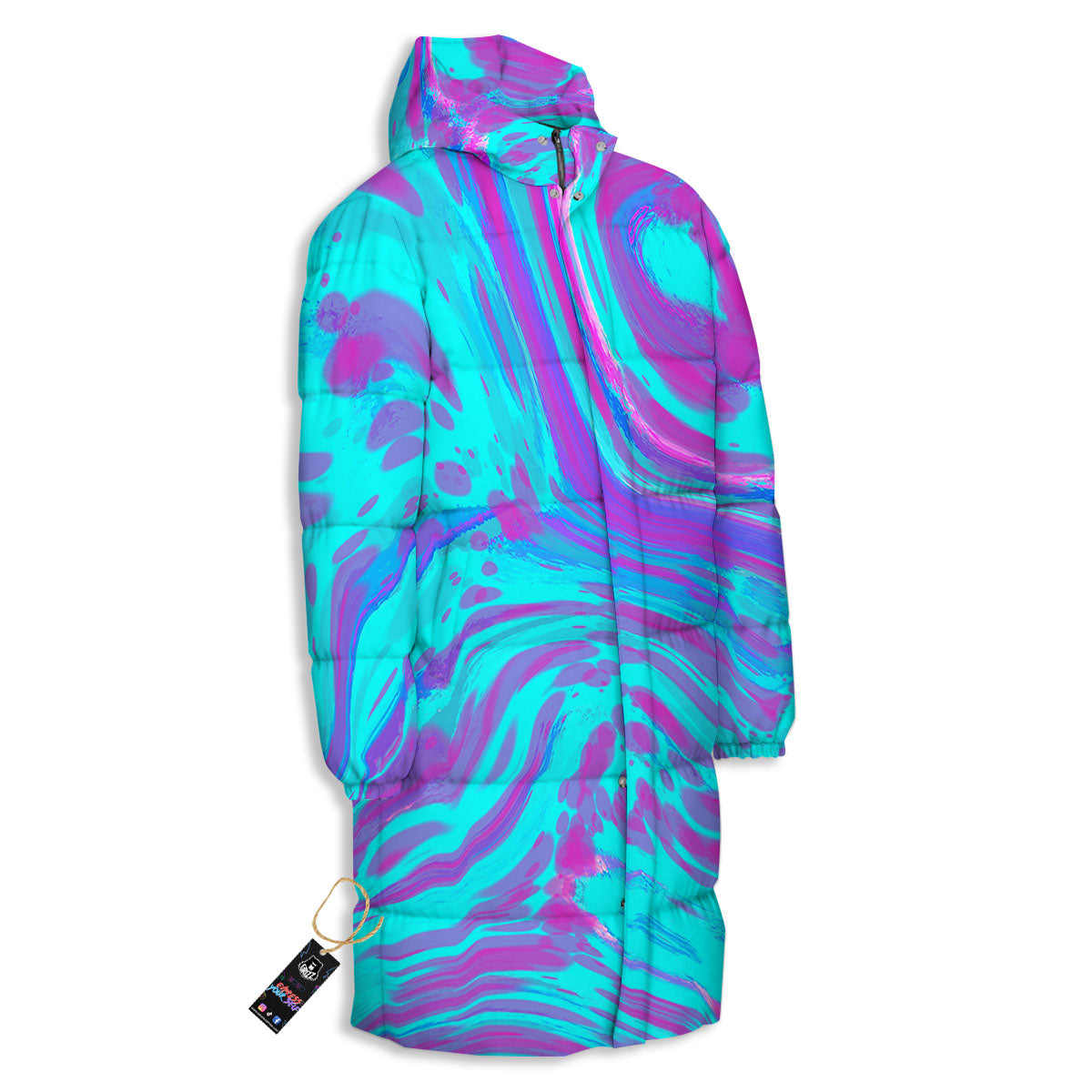 Trippy Turquoise Holographic Print Long Down Jacket-grizzshop