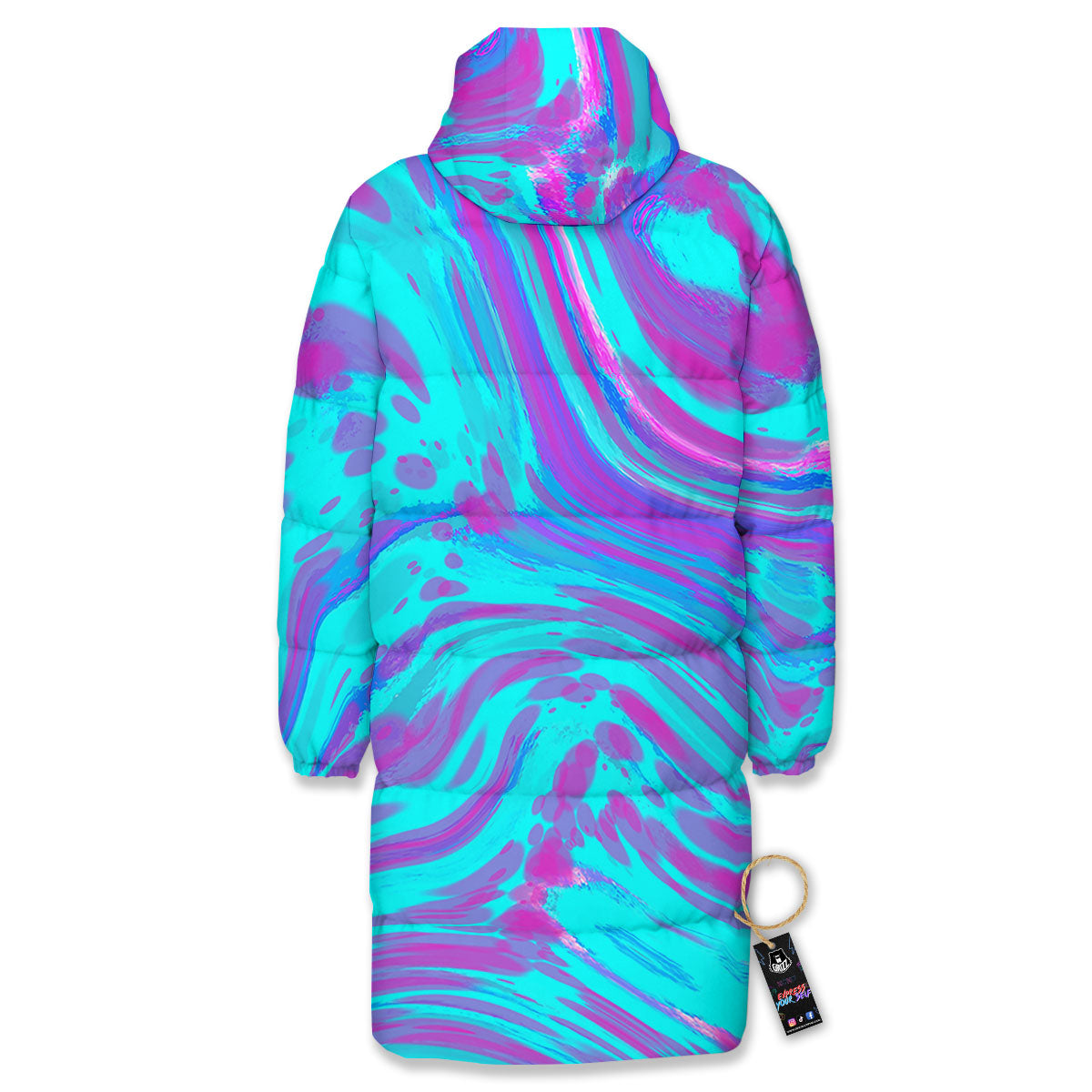 Trippy Turquoise Holographic Print Long Down Jacket-grizzshop
