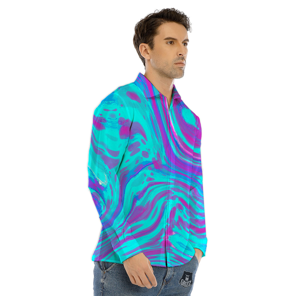 Trippy Turquoise Holographic Print Men's Dress Shirts-grizzshop