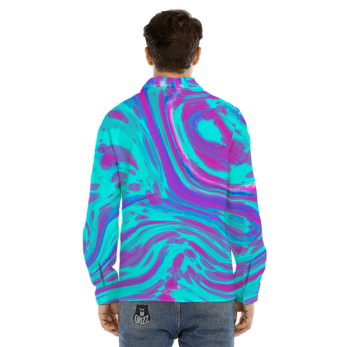 Trippy Turquoise Holographic Print Men's Dress Shirts-grizzshop