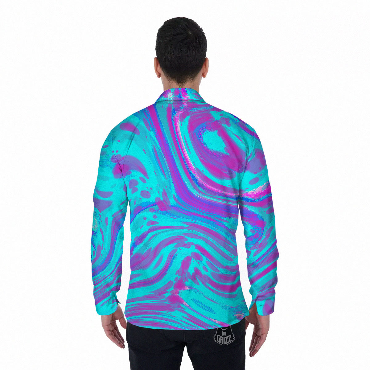 Trippy Turquoise Holographic Print Men's Long Sleeve Shirts-grizzshop