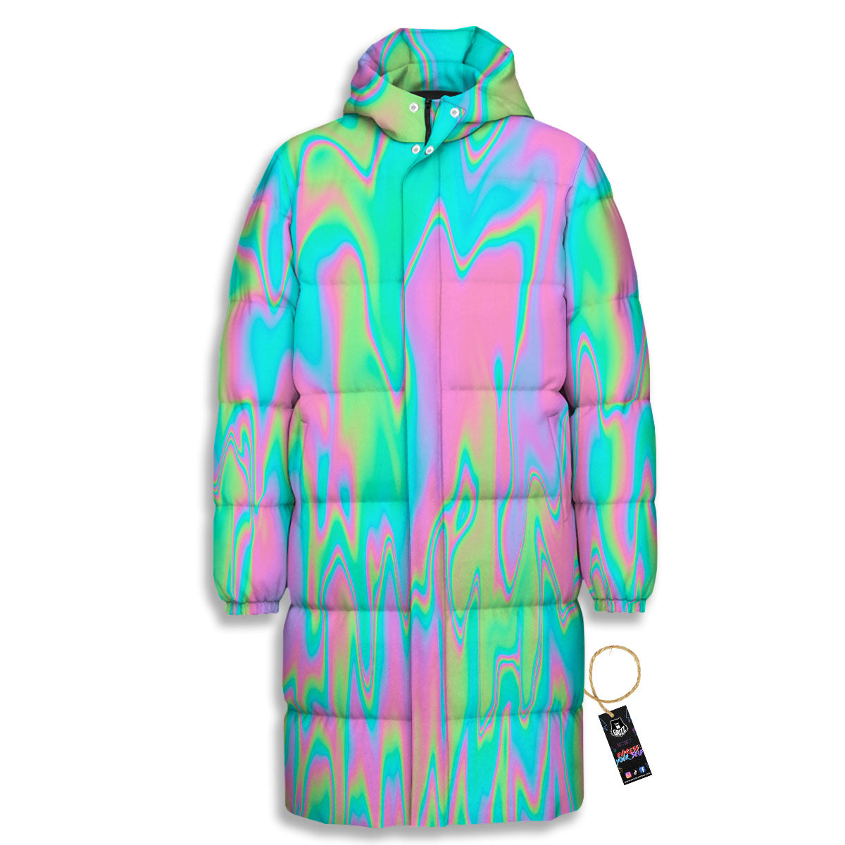 Trippy Abstract Holographic Print Long Down Jacket