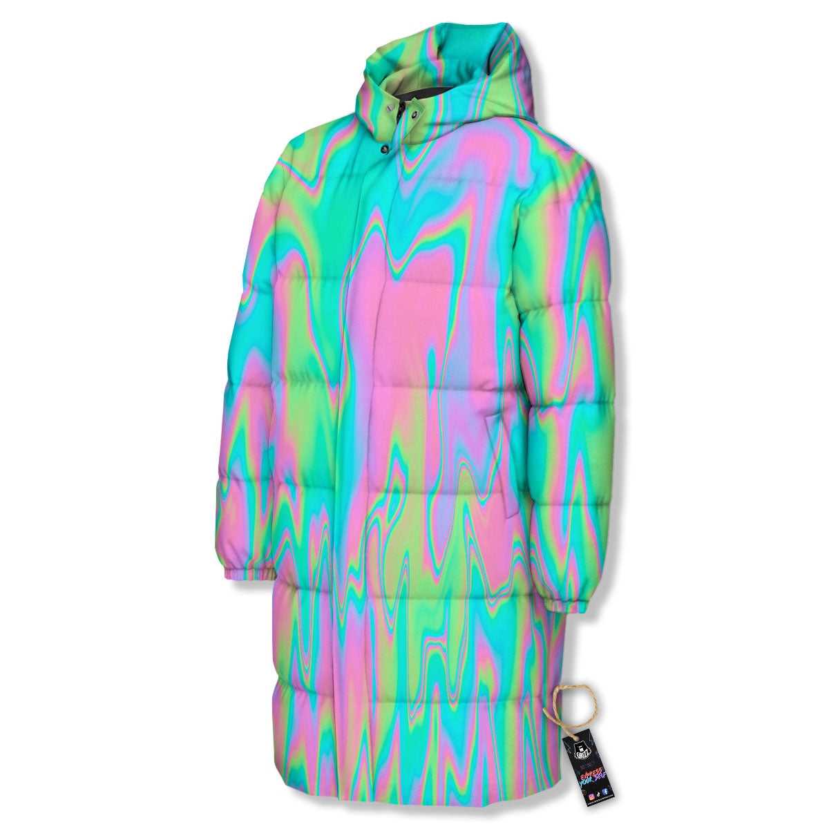 Trippy Abstract Holographic Print Long Down Jacket