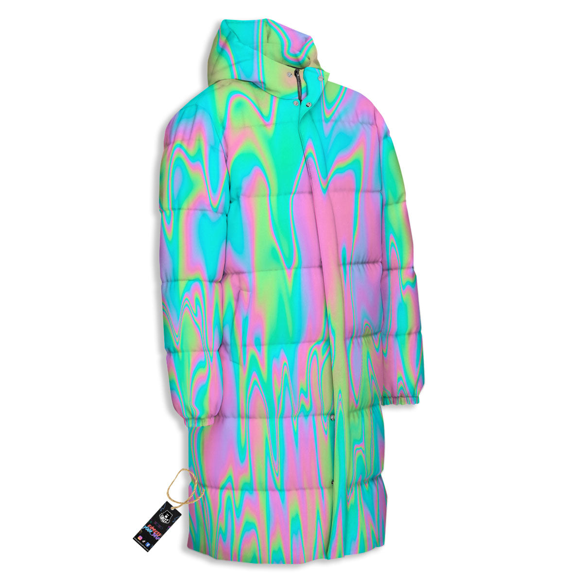 Trippy Abstract Holographic Print Long Down Jacket