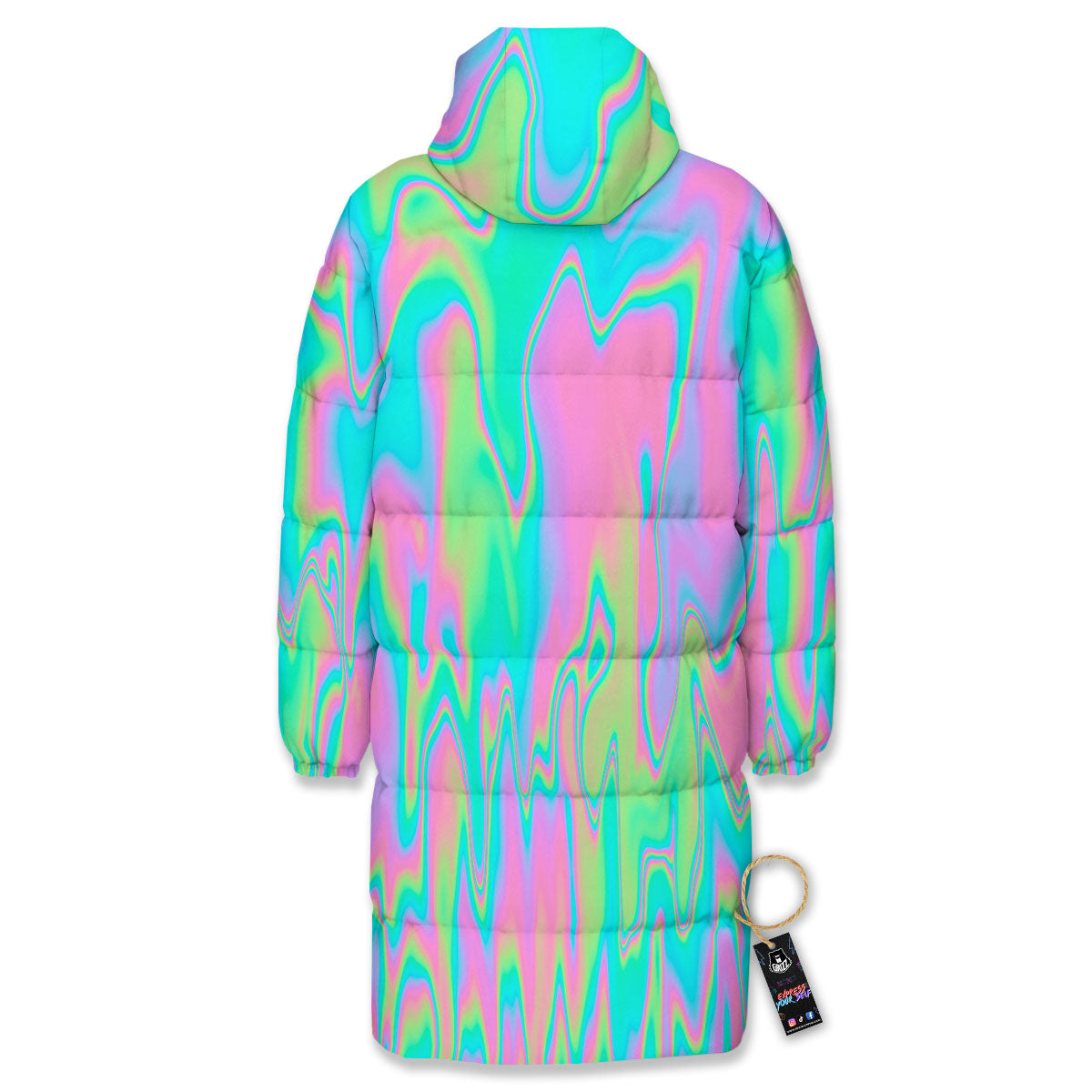Trippy Abstract Holographic Print Long Down Jacket