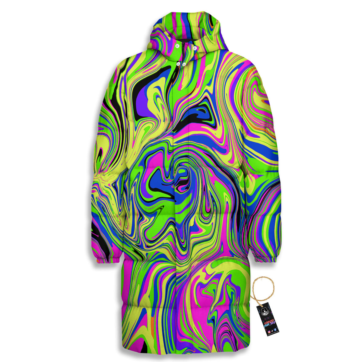 Trippy Abstract Neon Print Long Down Jacket