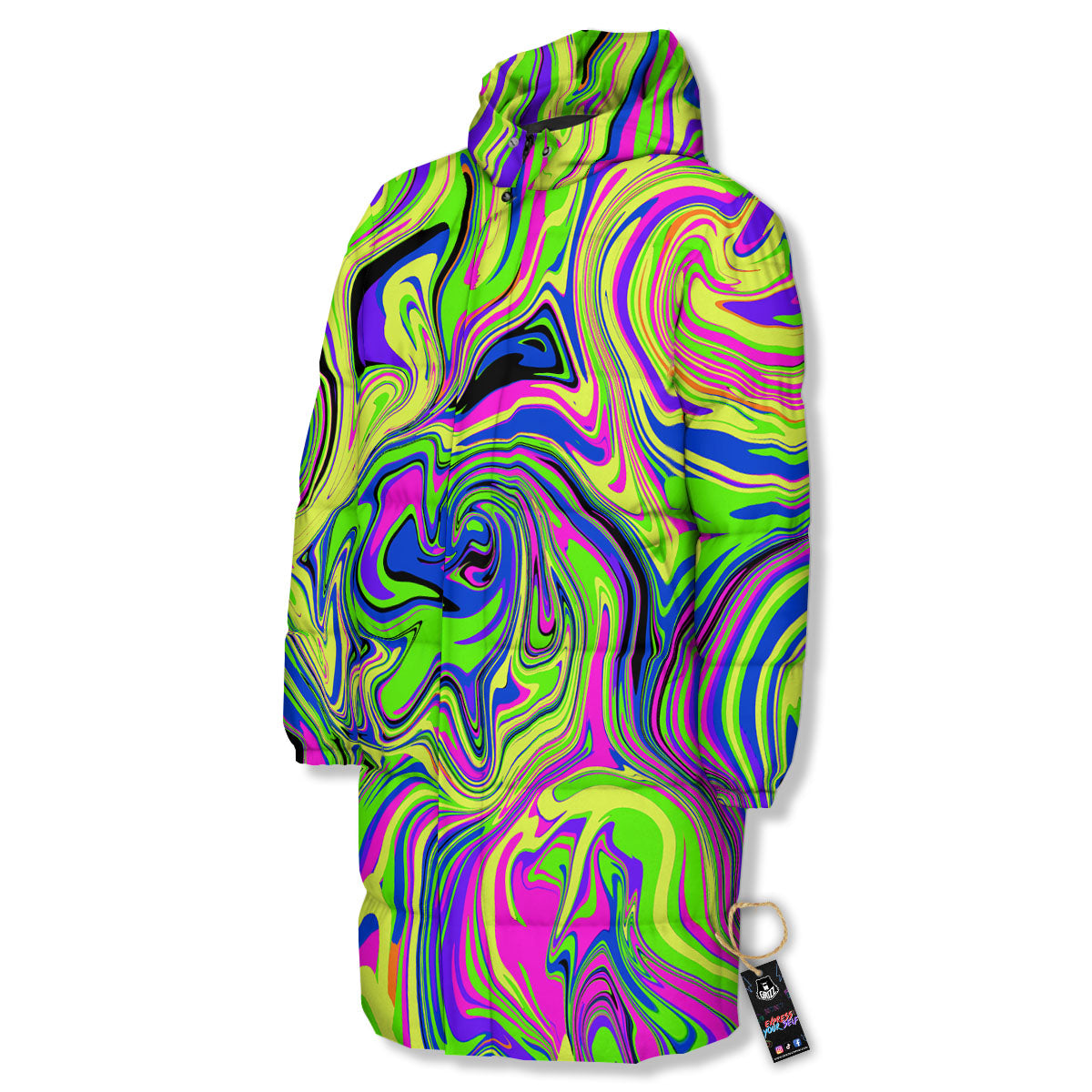 Trippy Abstract Neon Print Long Down Jacket