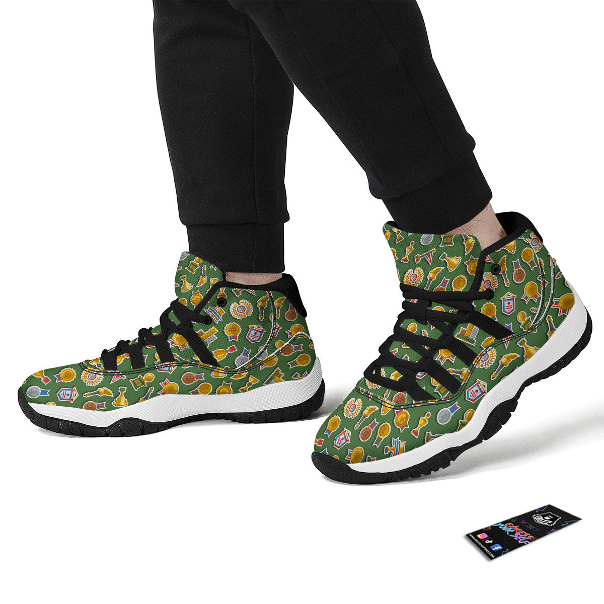 Trophy Green Print Pattern Black Bball Shoes-grizzshop