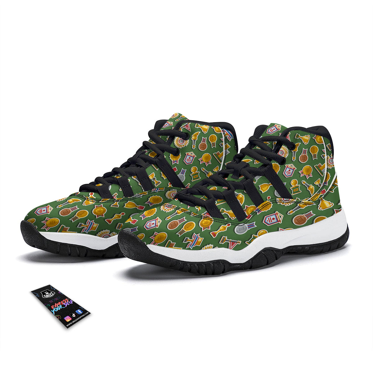 Trophy Green Print Pattern Black Bball Shoes-grizzshop