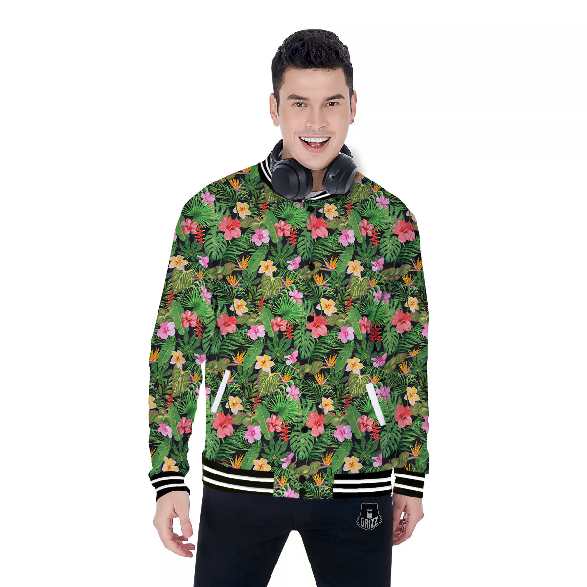Tropical Aloha Hibiscus Print Pattern Baseball Jacket-grizzshop