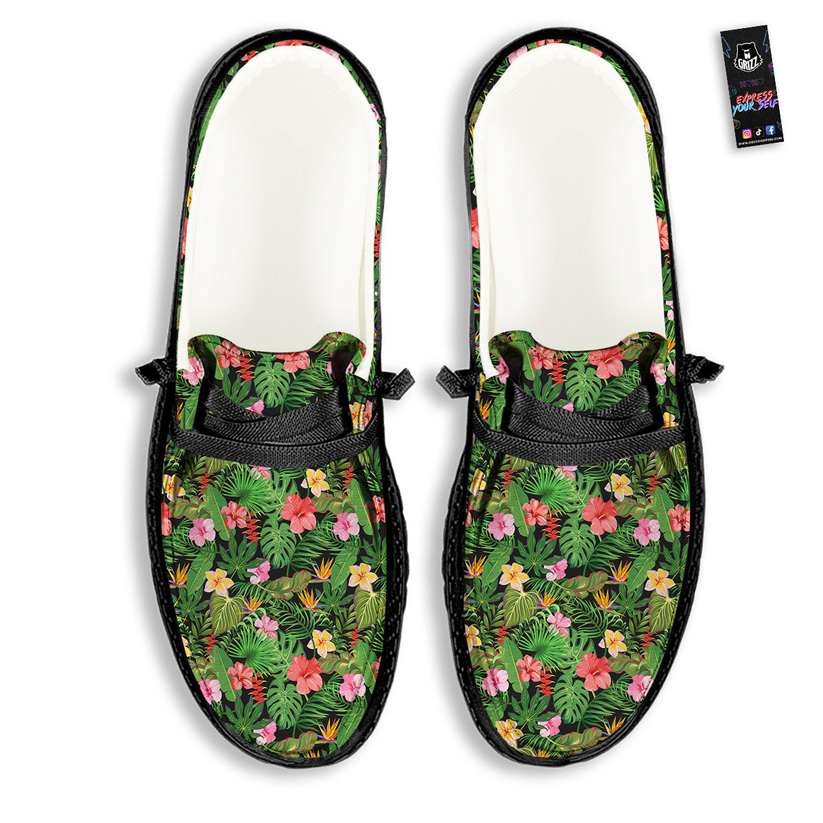 Tropical Aloha Hibiscus Print Pattern Black Loafers-grizzshop
