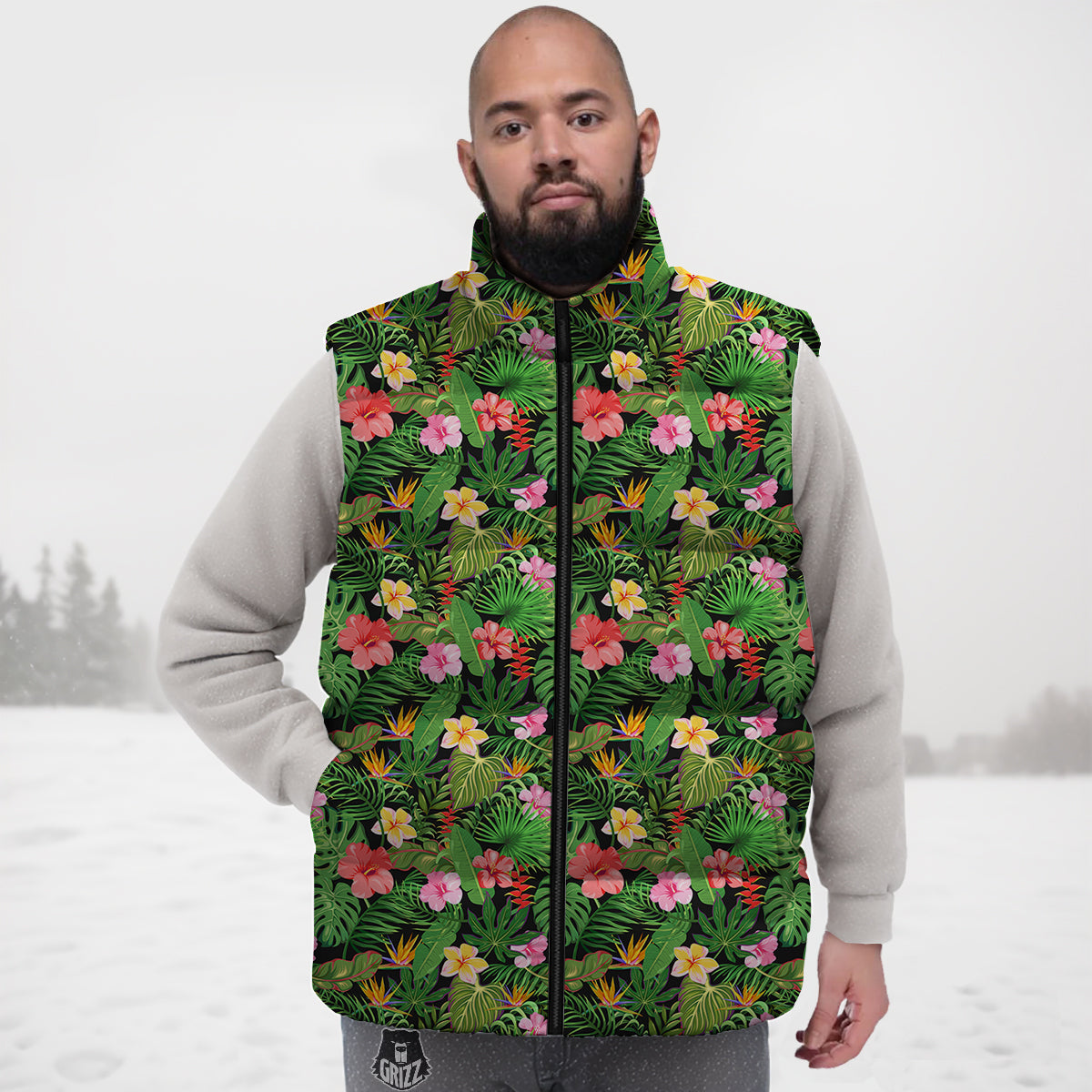 Tropical Aloha Hibiscus Print Pattern Down Vest-grizzshop