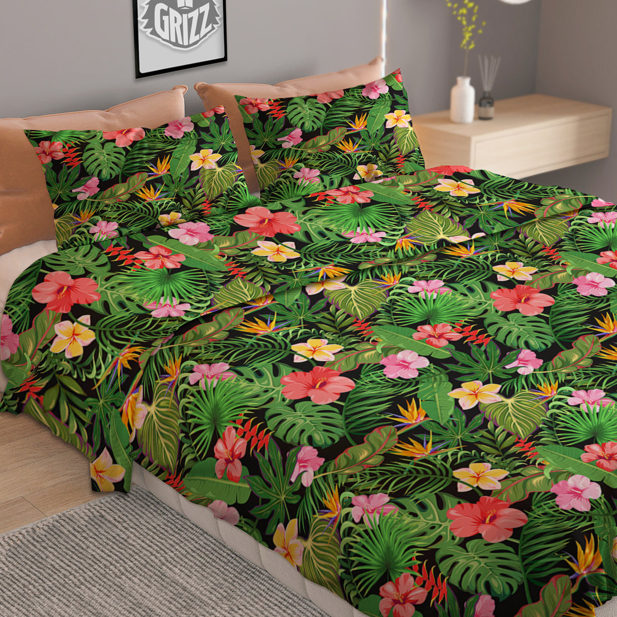 Tropical Aloha Hibiscus Print Pattern Duvet Cover Bedding Set