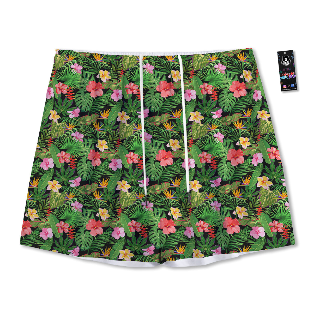 Tropical Aloha Hibiscus Print Pattern Mesh Shorts-grizzshop