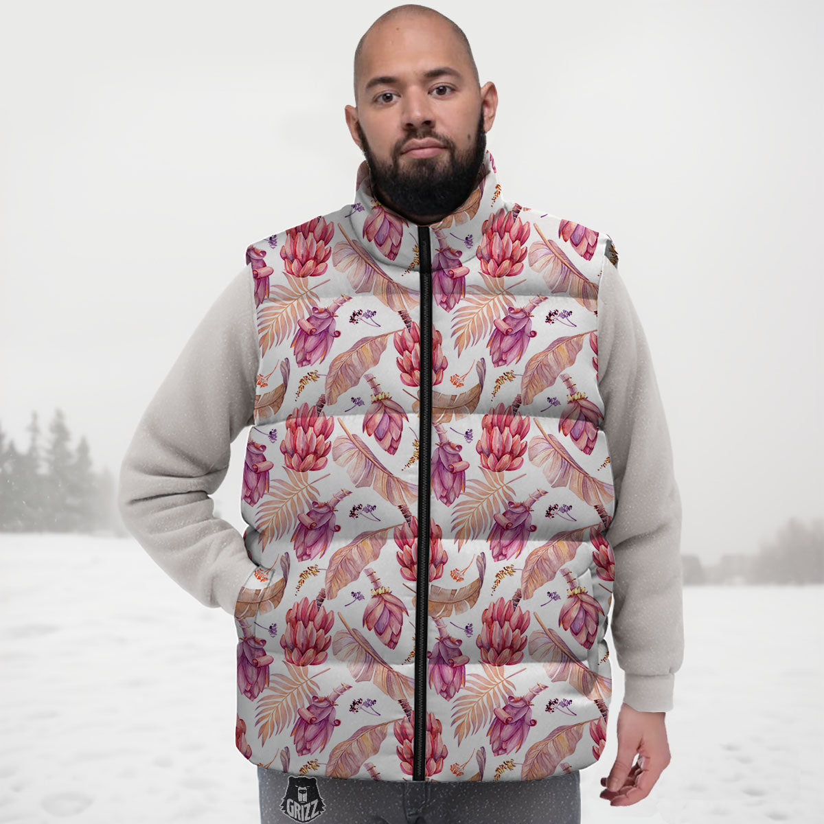 Tropical Banana Pink Print Pattern Down Vest-grizzshop