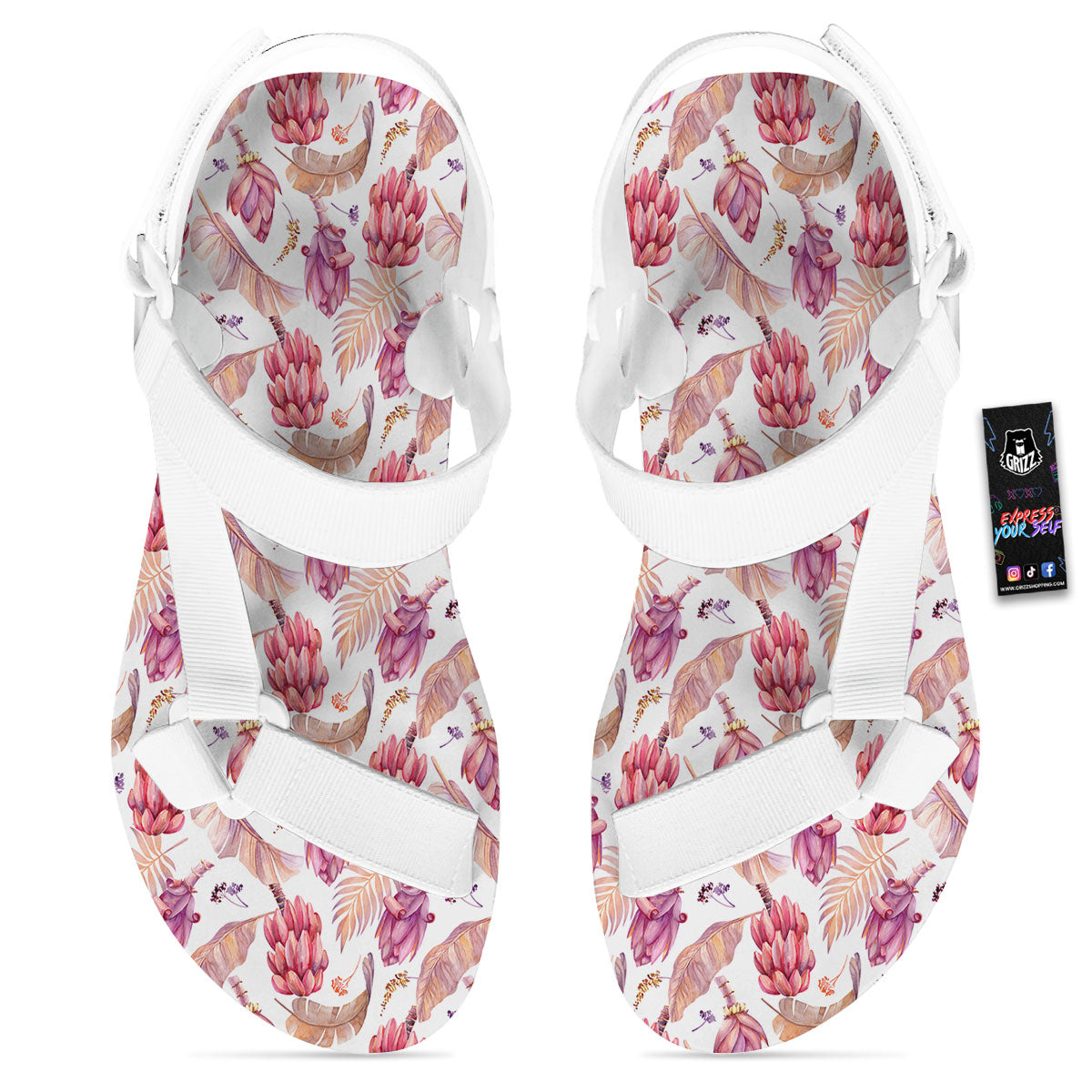 Tropical Banana Pink Print Pattern White Open Toe Sandals-grizzshop