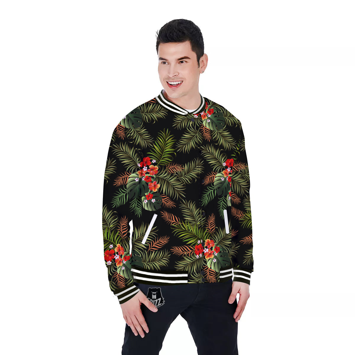 Tropical Black Hawaii Print Pattern Baseball Jacket-grizzshop