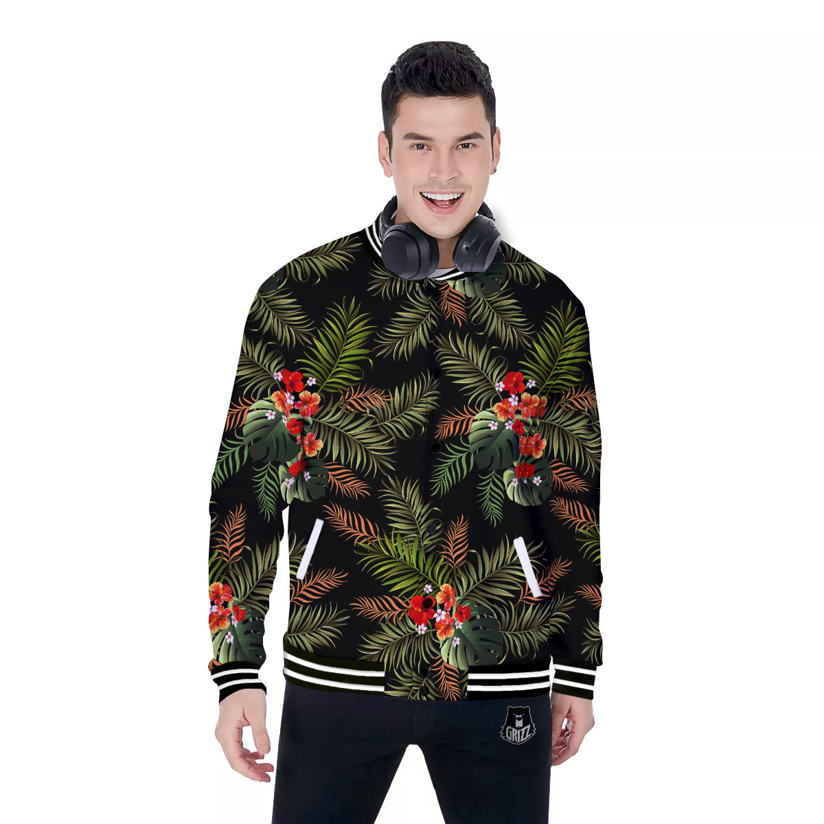 Tropical Black Hawaii Print Pattern Baseball Jacket-grizzshop