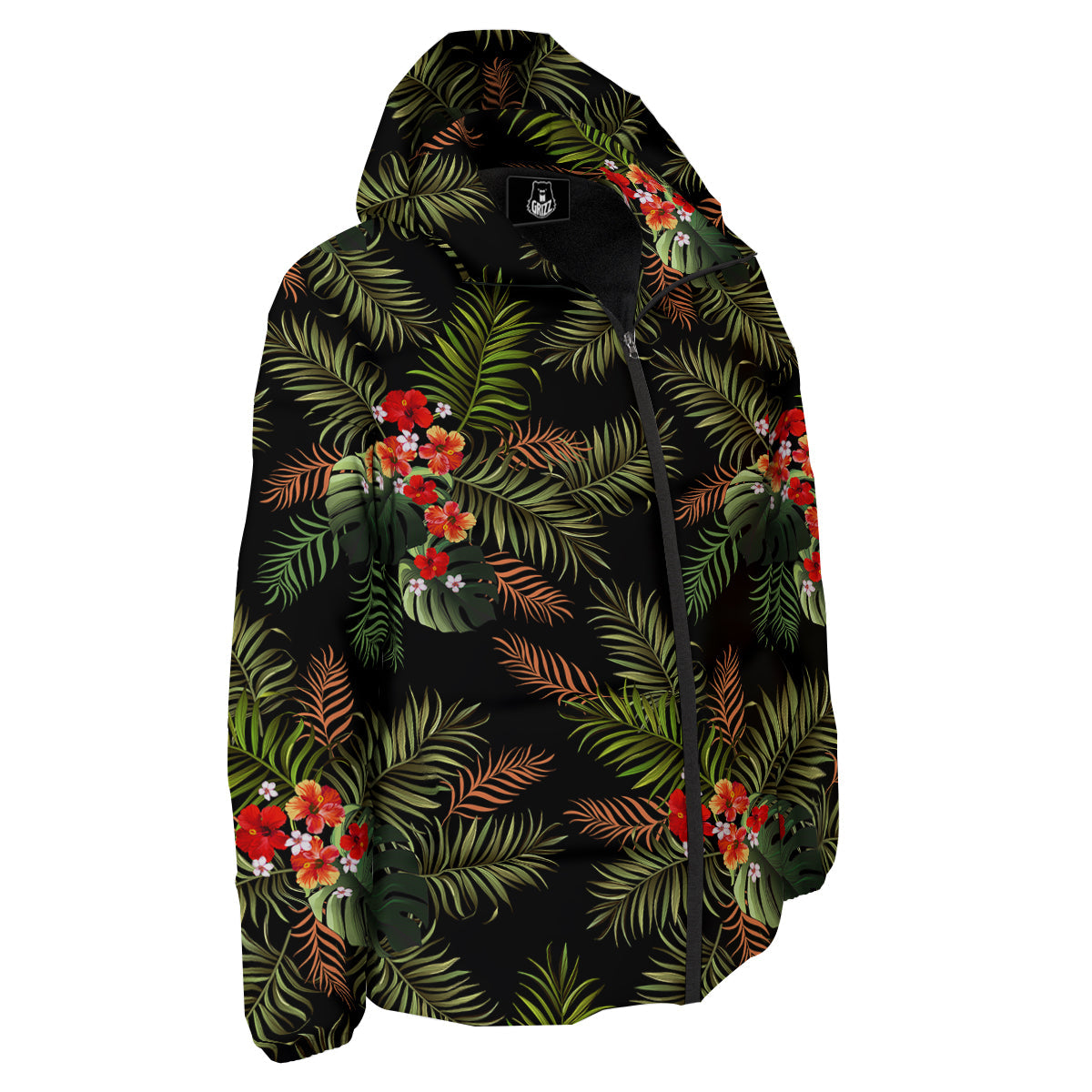 Tropical Black Hawaii Print Pattern Down Jacket-grizzshop