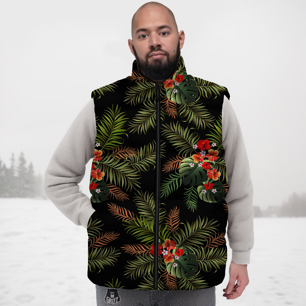 Tropical Black Hawaii Print Pattern Down Vest-grizzshop