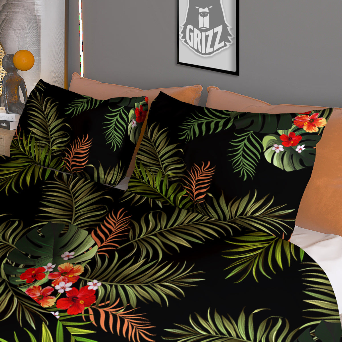 Tropical Black Hawaii Print Pattern Duvet Cover Bedding Set