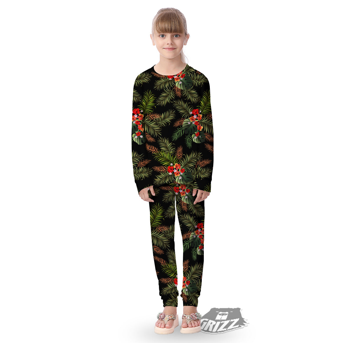 Tropical Black Hawaii Print Pattern Kid's Pajamas-grizzshop