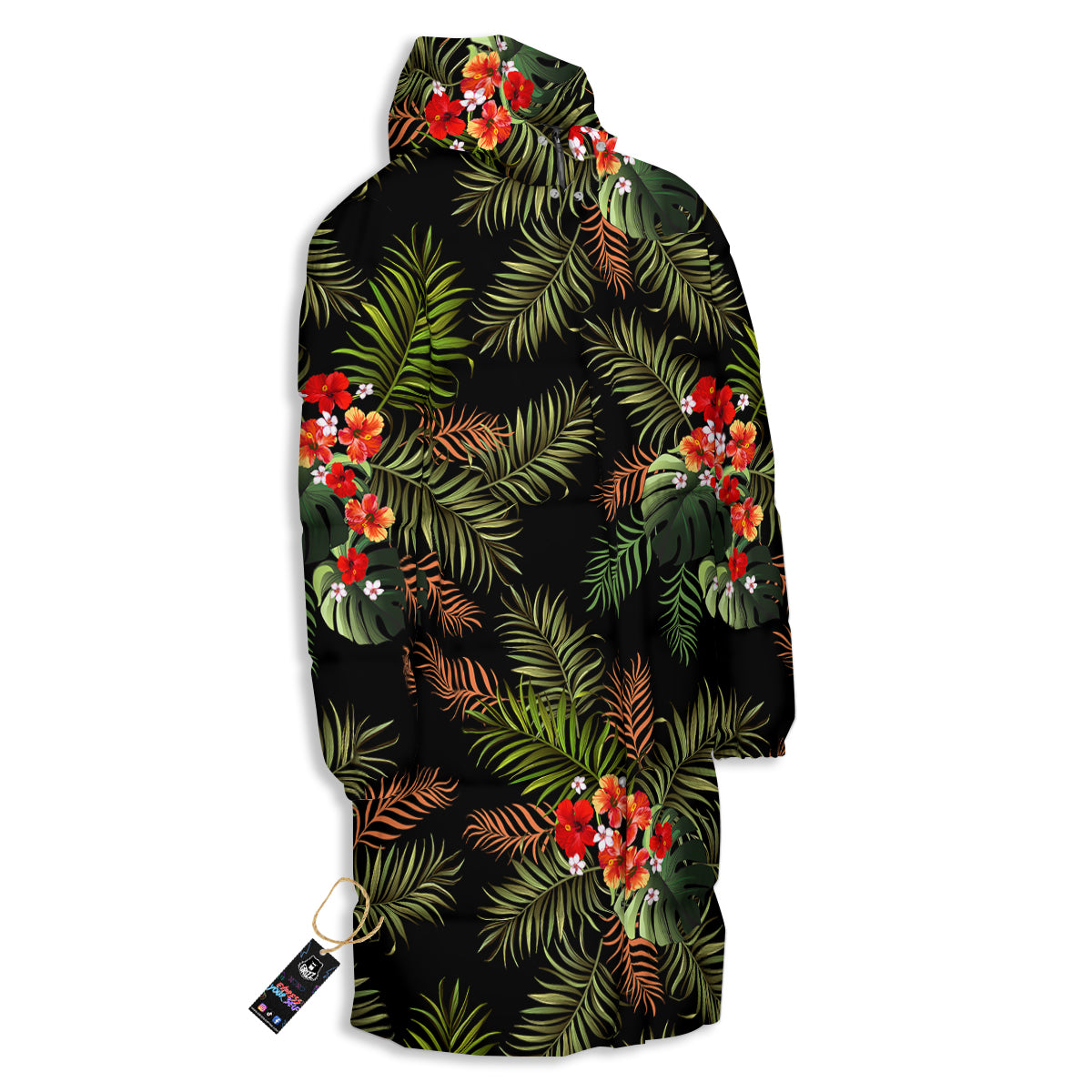 Tropical Black Hawaii Print Pattern Long Down Jacket-grizzshop