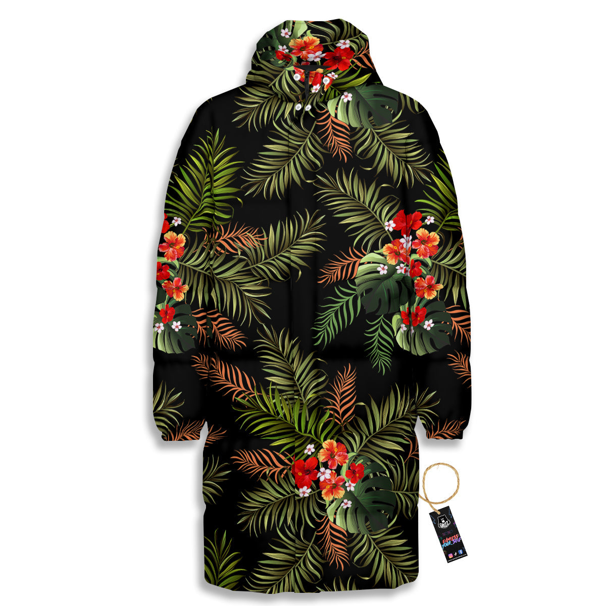 Tropical Black Hawaii Print Pattern Long Down Jacket-grizzshop