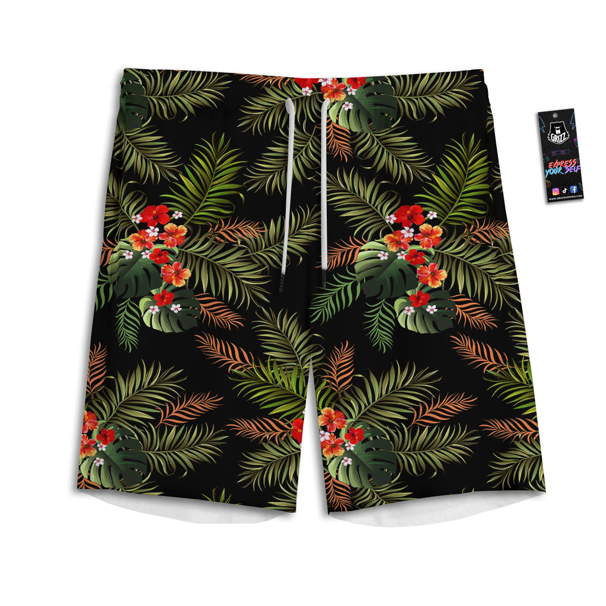 Tropical Black Hawaii Print Pattern Men's Athletic Shorts