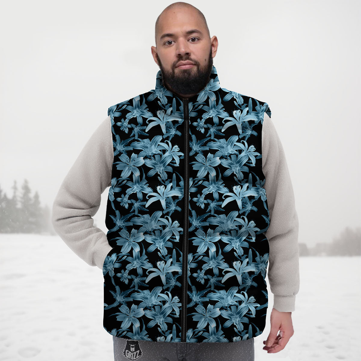Tropical Blossom Blue Print Pattern Down Vest-grizzshop