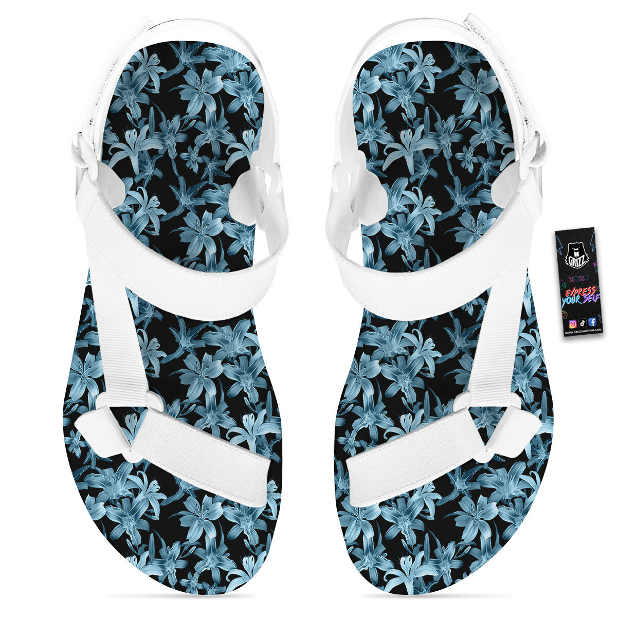 Tropical Blossom Blue Print Pattern White Open Toe Sandals-grizzshop